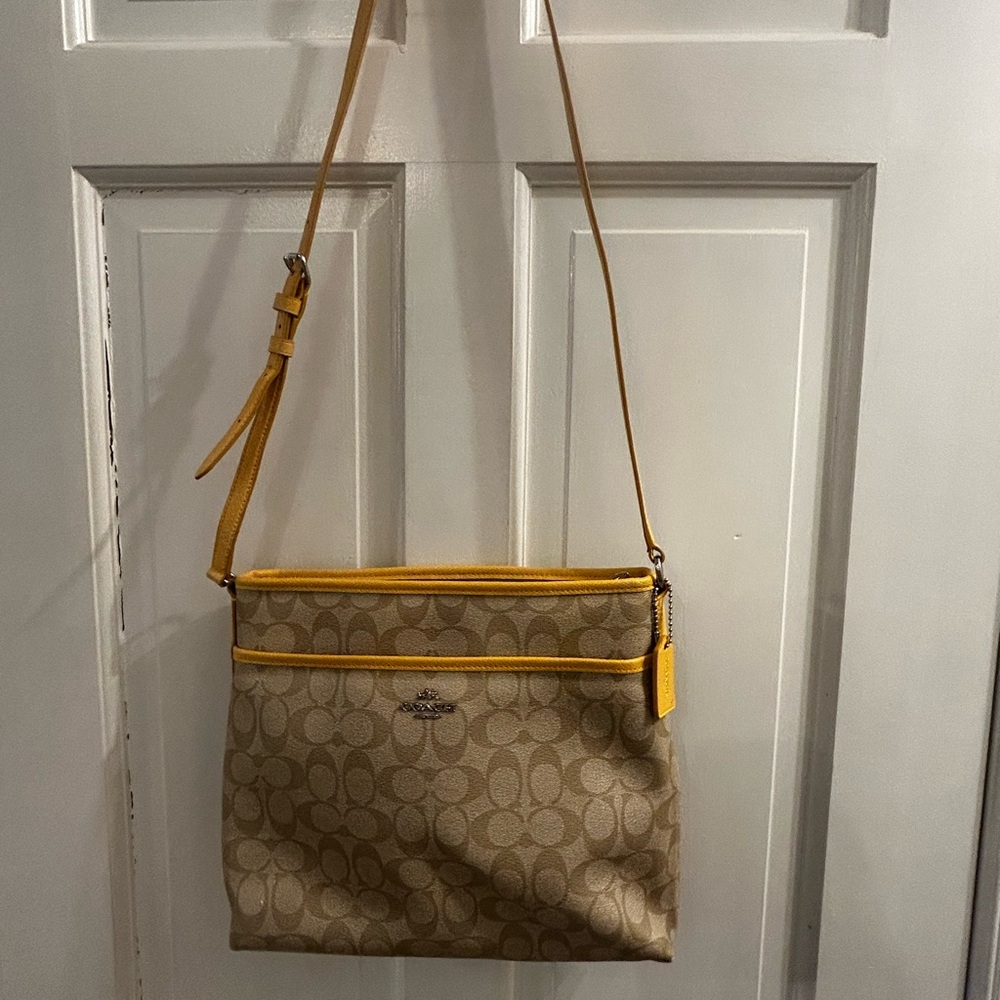 Coach Khaki Signature Crossbody with Yellow Trim